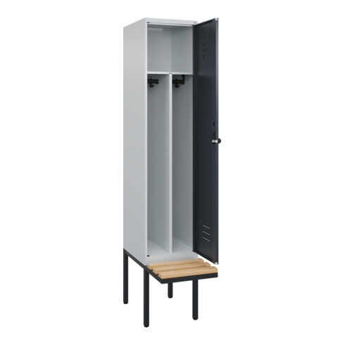 C+P Spind Classic PLUS, Bank, 1 Abteil, 2120x400x815mm, 7035/7016 Verschluss Sicherheits-Drehriegel 4 Garderobenhaken Trennwand mittig  Sitzbanktyp auskragend