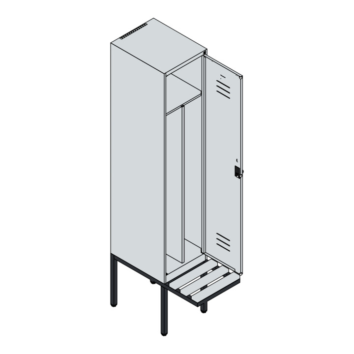 C+P Spind Classic PLUS, Bank, 1 Abteil, 2120x400x815mm, 7035/7016 Verschluss Sicherheits-Drehriegel 4 Garderobenhaken Trennwand mittig  Sitzbanktyp auskragend