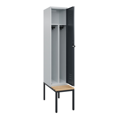 C+P Spind Classic PLUS, Bank, 1 Abteil, 2120x400x815mm, 7035/7016 Verschluss Sicherheits-Drehriegel 4 Garderobenhaken Trennwand mittig  Sitzbanktyp untergebaut