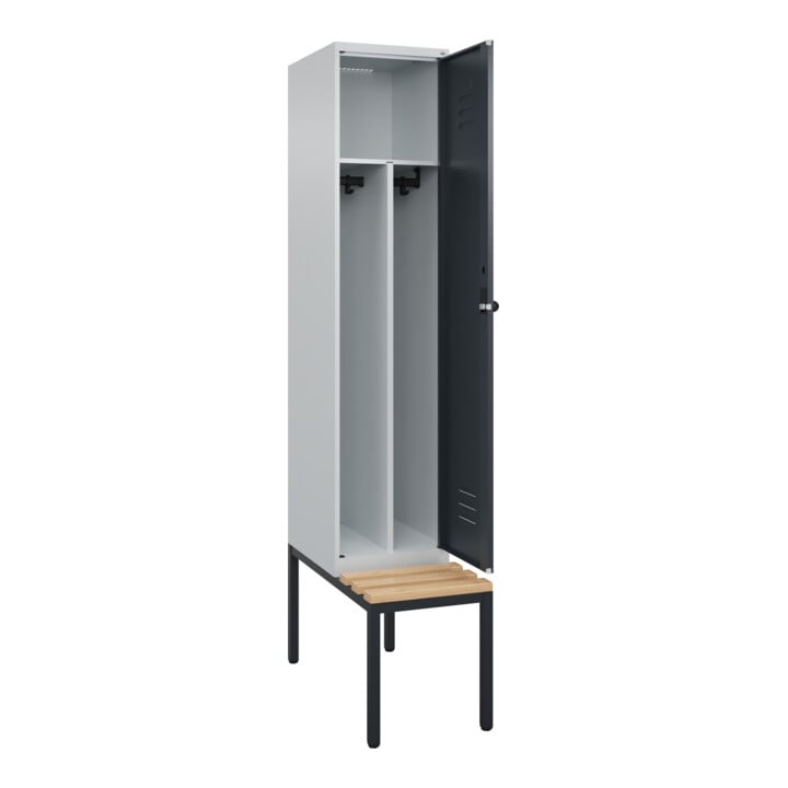 C+P Spind Classic PLUS, Bank, 1 Abteil, 2120x400x815mm, 7035/7016 Verschluss Sicherheits-Drehriegel 4 Garderobenhaken Trennwand mittig  Sitzbanktyp untergebaut