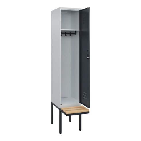 C+P Spind Classic PLUS, Bank, 1 Abteil, 2120x400x815mm, 7035/7016 Verschluss Zylinderschloss 4 Garderobenhaken   Sitzbanktyp auskragend