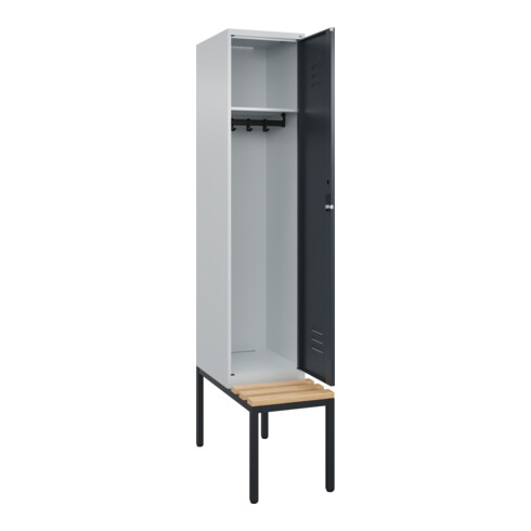 C+P Spind Classic PLUS, Bank, 1 Abteil, 2120x400x815mm, 7035/7016 Verschluss Zylinderschloss 4 Garderobenhaken   Sitzbanktyp untergebaut
