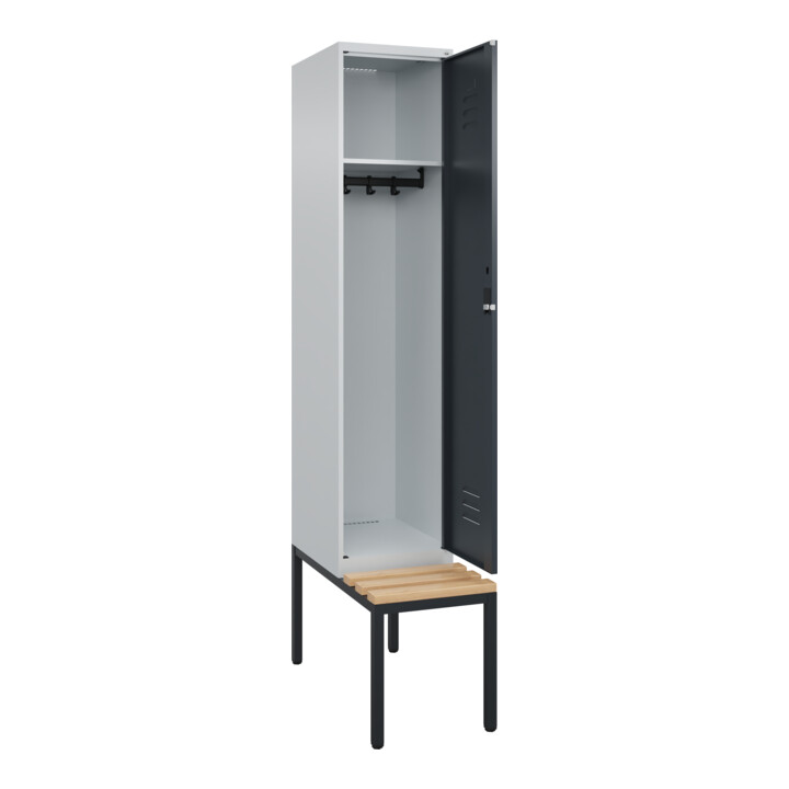 C+P Spind Classic PLUS, Bank, 1 Abteil, 2120x400x815mm, 7035/7016 Verschluss Zylinderschloss 4 Garderobenhaken   Sitzbanktyp untergebaut