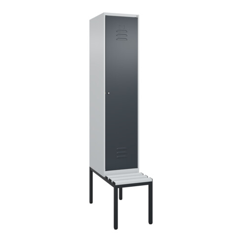 C+P Spind Classic PLUS, Bank, 1 Abteil, 2120x400x815mm, 7035/7016 Verschluss Zylinderschloss 4 Garderobenhaken Trennwand mittig Dekor Banklatten RAL 7035 Lichtgrau Sitzbanktyp untergebaut