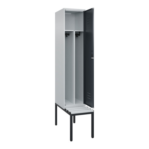 C+P Spind Classic PLUS, Bank, 1 Abteil, 2120x400x815mm, 7035/7016 Verschluss Zylinderschloss 4 Garderobenhaken Trennwand mittig Dekor Banklatten RAL 7035 Lichtgrau Sitzbanktyp untergebaut