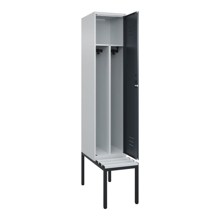 C+P Spind Classic PLUS, Bank, 1 Abteil, 2120x400x815mm, 7035/7016 Verschluss Zylinderschloss 4 Garderobenhaken Trennwand mittig Dekor Banklatten RAL 7035 Lichtgrau Sitzbanktyp untergebaut