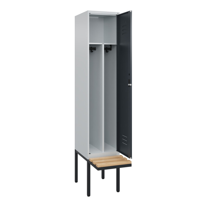 C+P Spind Classic PLUS, Bank, 1 Abteil, 2120x400x815mm, 7035/7016 Verschluss Zylinderschloss 4 Garderobenhaken Trennwand mittig  Sitzbanktyp auskragend
