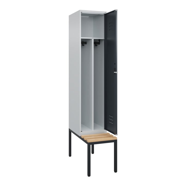 C+P Spind Classic PLUS, Bank, 1 Abteil, 2120x400x815mm, 7035/7016 Verschluss Zylinderschloss 4 Garderobenhaken Trennwand mittig  Sitzbanktyp untergebaut