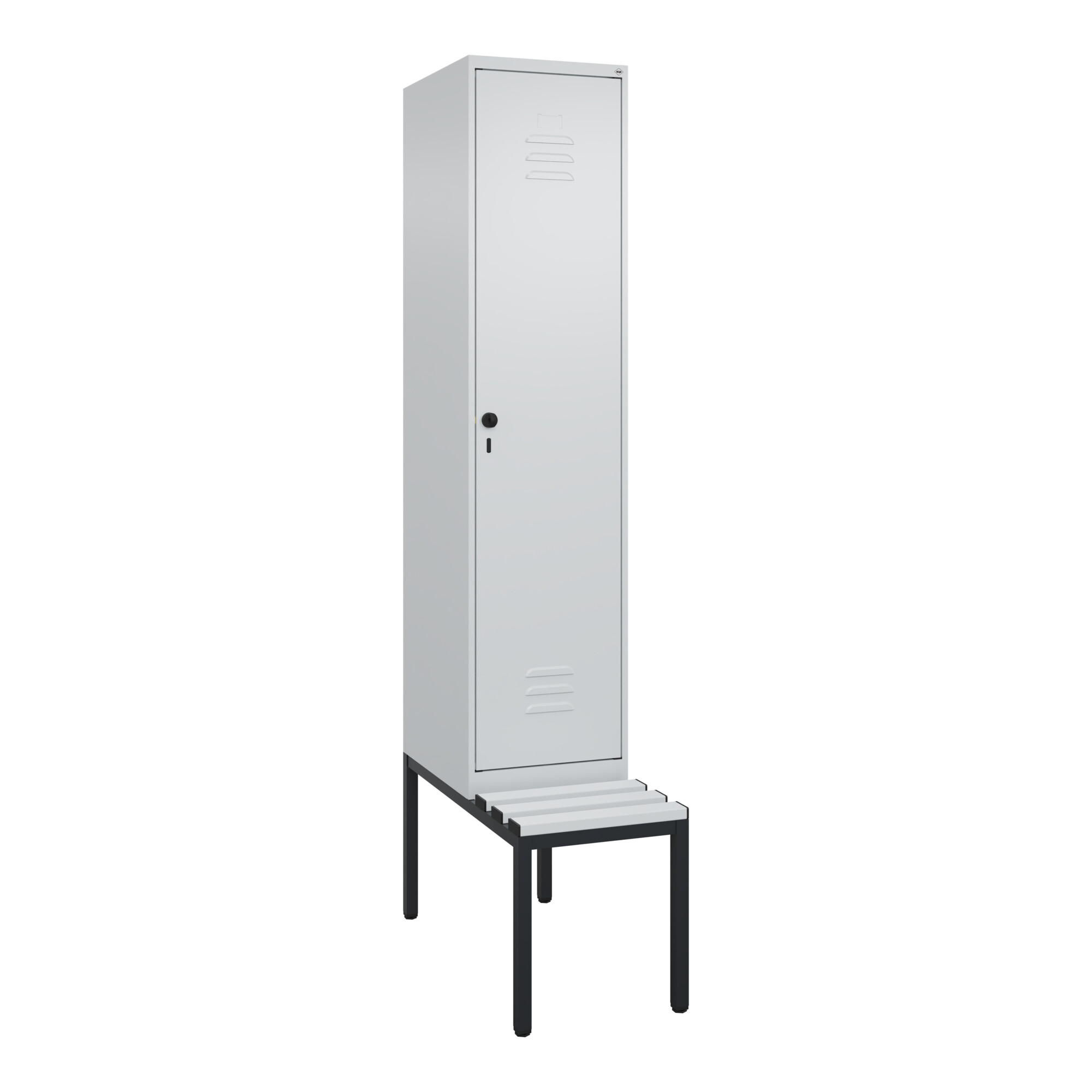 C+P Spind Classic PLUS, Bank, 1 Abteil, 2120x400x815mm, 7035/7035 Verschluss Sicherheits-Drehriegel 4 Garderobenhaken Trennwand mittig Dekor Banklatte