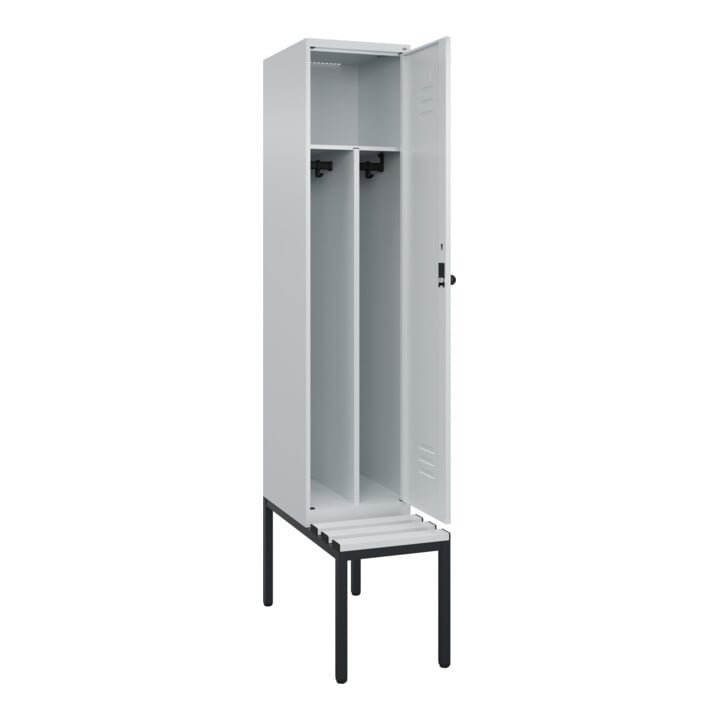 C+P Spind Classic PLUS, Bank, 1 Abteil, 2120x400x815mm, 7035/7035 Verschluss Sicherheits-Drehriegel 4 Garderobenhaken Trennwand mittig Dekor Banklatten RAL 7035 Lichtgrau Sitzbanktyp untergebaut
