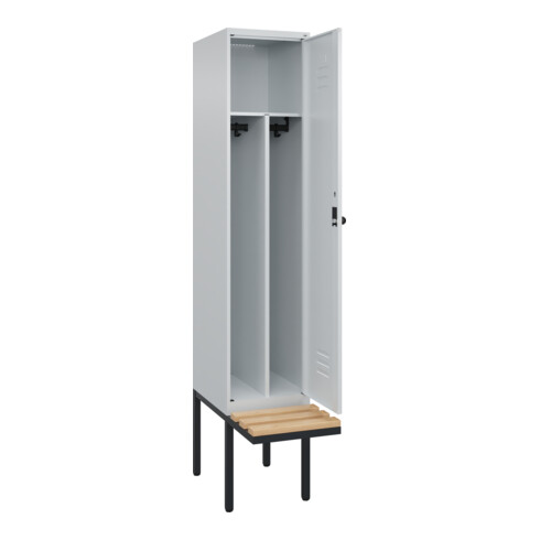 C+P Spind Classic PLUS, Bank, 1 Abteil, 2120x400x815mm, 7035/7035 Verschluss Sicherheits-Drehriegel 4 Garderobenhaken Trennwand mittig  Sitzbanktyp auskragend