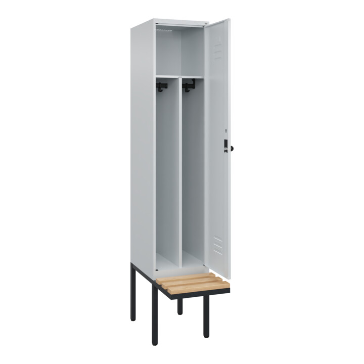C+P Spind Classic PLUS, Bank, 1 Abteil, 2120x400x815mm, 7035/7035 Verschluss Sicherheits-Drehriegel 4 Garderobenhaken Trennwand mittig  Sitzbanktyp auskragend