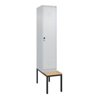 C+P Spind Classic PLUS, Bank, 1 Abteil, 2120x400x815mm, 7035/7035 Verschluss Sicherheits-Drehriegel 4 Garderobenhaken Trennwand mittig  Sitzbanktyp untergebaut