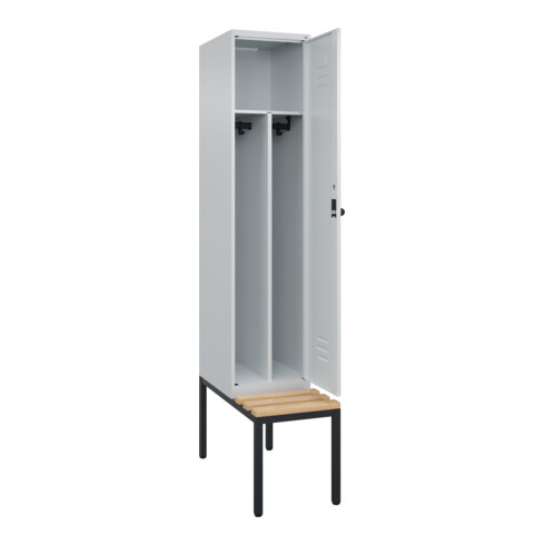 C+P Spind Classic PLUS, Bank, 1 Abteil, 2120x400x815mm, 7035/7035 Verschluss Sicherheits-Drehriegel 4 Garderobenhaken Trennwand mittig  Sitzbanktyp untergebaut