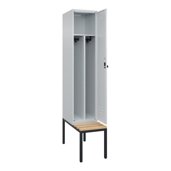 C+P Spind Classic PLUS, Bank, 1 Abteil, 2120x400x815mm, 7035/7035 Verschluss Sicherheits-Drehriegel 4 Garderobenhaken Trennwand mittig  Sitzbanktyp untergebaut