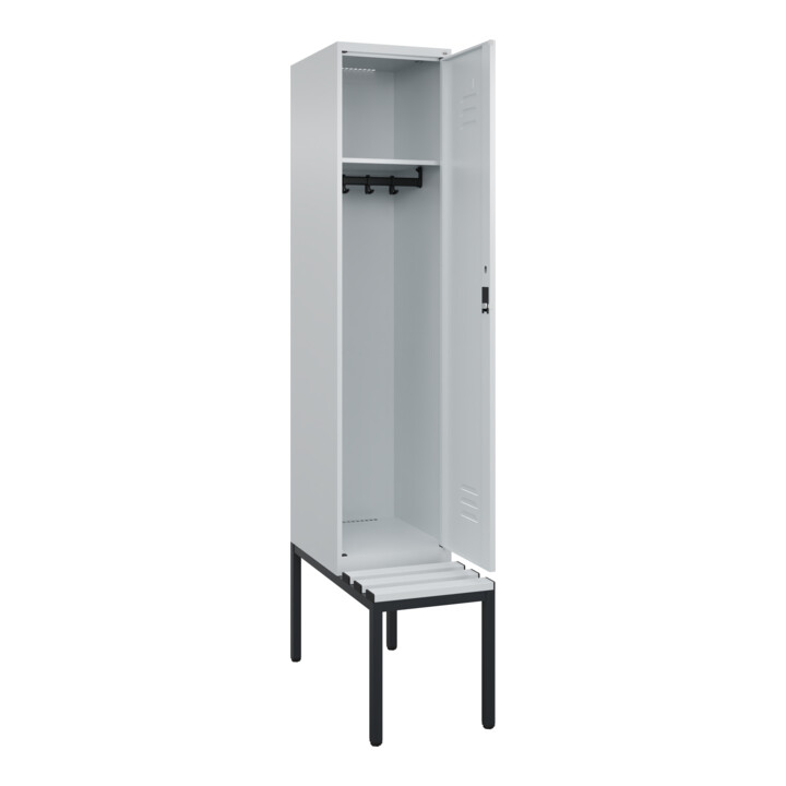 C+P Spind Classic PLUS, Bank, 1 Abteil, 2120x400x815mm, 7035/7035 Verschluss Zylinderschloss 4 Garderobenhaken  Dekor Banklatten RAL 7035 Lichtgrau Sitzbanktyp untergebaut