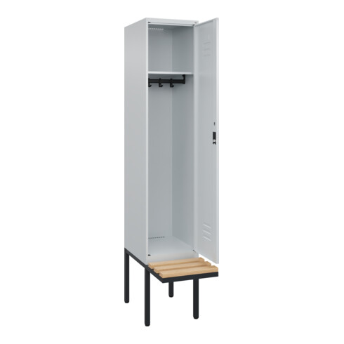 C+P Spind Classic PLUS, Bank, 1 Abteil, 2120x400x815mm, 7035/7035 Verschluss Zylinderschloss 4 Garderobenhaken   Sitzbanktyp auskragend