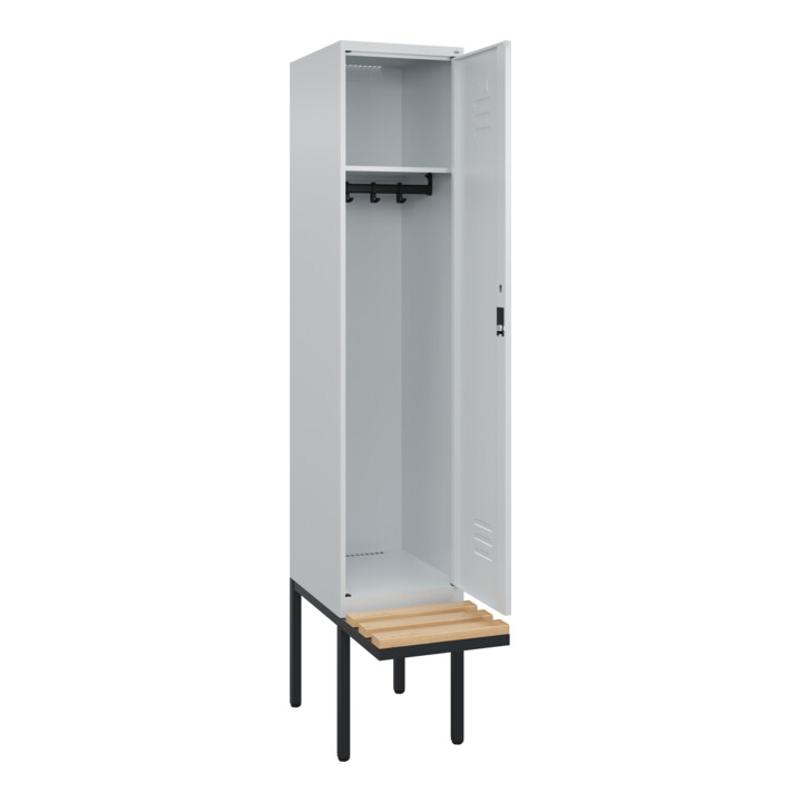 C+P Spind Classic PLUS, Bank, 1 Abteil, 2120x400x815mm, 7035/7035 Verschluss Zylinderschloss 4 Garderobenhaken   Sitzbanktyp auskragend