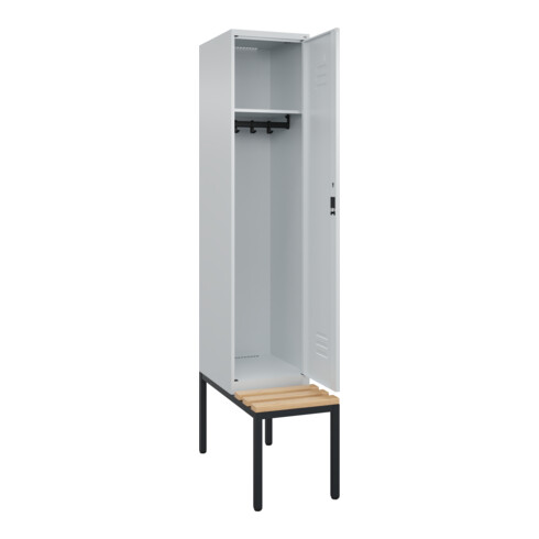 C+P Spind Classic PLUS, Bank, 1 Abteil, 2120x400x815mm, 7035/7035 Verschluss Zylinderschloss 4 Garderobenhaken   Sitzbanktyp untergebaut