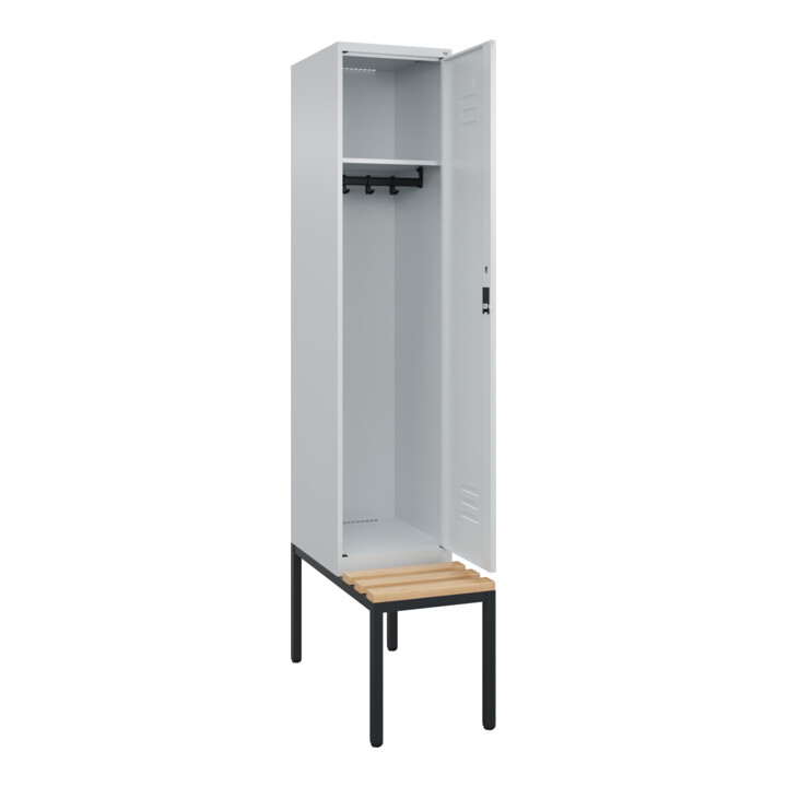 C+P Spind Classic PLUS, Bank, 1 Abteil, 2120x400x815mm, 7035/7035 Verschluss Zylinderschloss 4 Garderobenhaken   Sitzbanktyp untergebaut