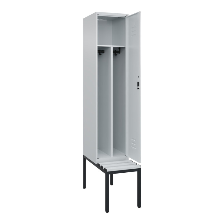 C+P Spind Classic PLUS, Bank, 1 Abteil, 2120x400x815mm, 7035/7035 Verschluss Zylinderschloss 4 Garderobenhaken Trennwand mittig Dekor Banklatten RAL 7035 Lichtgrau Sitzbanktyp untergebaut