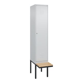 C+P Spind Classic PLUS, Bank, 1 Abteil, 2120x400x815mm, 7035/7035 Verschluss Zylinderschloss 4 Garderobenhaken Trennwand mittig  Sitzbanktyp auskragend