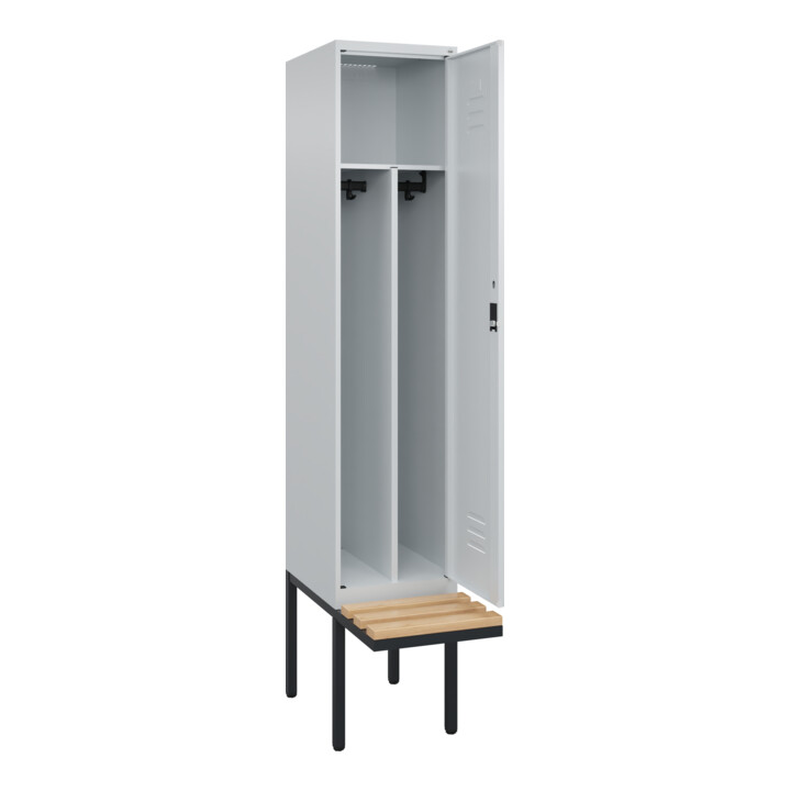 C+P Spind Classic PLUS, Bank, 1 Abteil, 2120x400x815mm, 7035/7035 Verschluss Zylinderschloss 4 Garderobenhaken Trennwand mittig  Sitzbanktyp auskragend