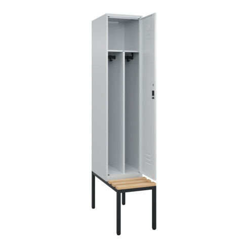 C+P Spind Classic PLUS, Bank, 1 Abteil, 2120x400x815mm, 7035/7035 Verschluss Zylinderschloss 4 Garderobenhaken Trennwand mittig  Sitzbanktyp untergebaut