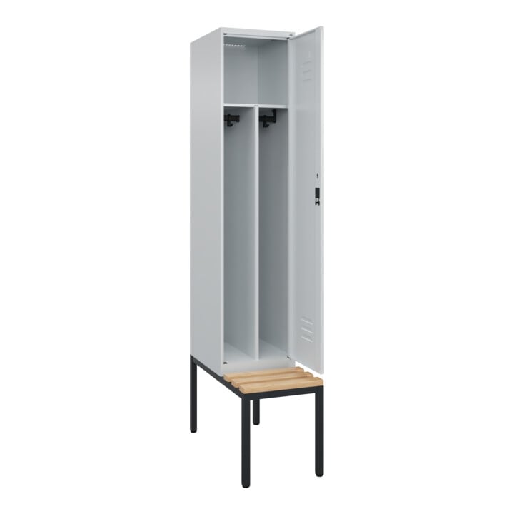 C+P Spind Classic PLUS, Bank, 1 Abteil, 2120x400x815mm, 7035/7035 Verschluss Zylinderschloss 4 Garderobenhaken Trennwand mittig  Sitzbanktyp untergebaut