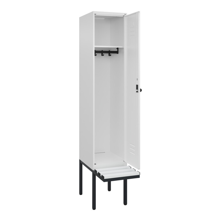 C+P Spind Classic PLUS, Bank, 1 Abteil, 2120x400x815mm, 9016/9016 Verschluss Sicherheits-Drehriegel 4 Garderobenhaken  Dekor Banklatten RAL 9010 Reinweiß Sitzbanktyp auskragend