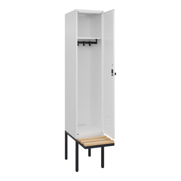 C+P Spind Classic PLUS, Bank, 1 Abteil, 2120x400x815mm, 9016/9016 Verschluss Sicherheits-Drehriegel 4 Garderobenhaken   Sitzbanktyp auskragend