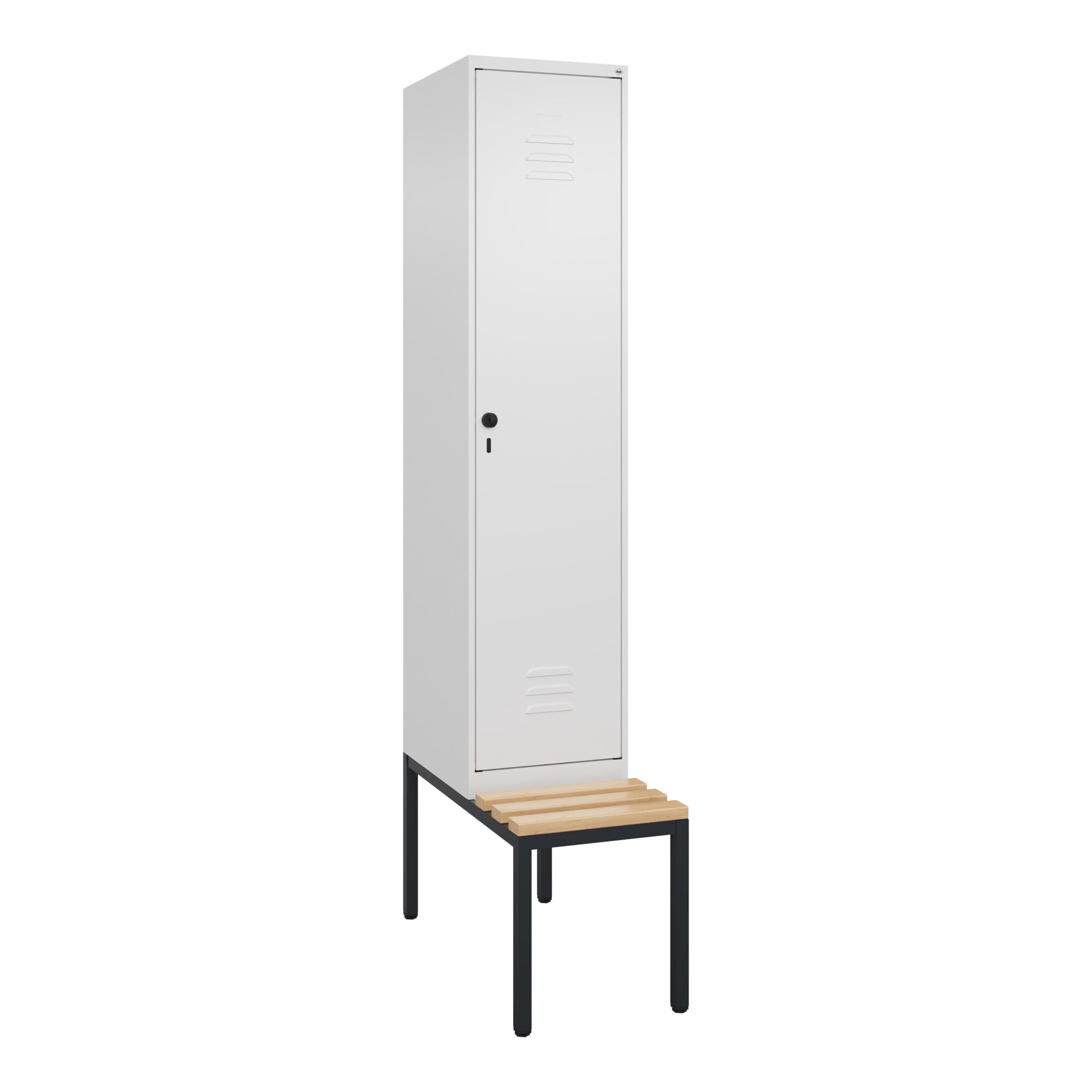 C+P Spind Classic PLUS, Bank, 1 Abteil, 2120x400x815mm, 9016/9016 Verschluss Sicherheits-Drehriegel 4 Garderobenhaken Sitzbanktyp untergebaut ; C +