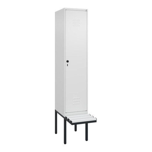C+P Spind Classic PLUS, Bank, 1 Abteil, 2120x400x815mm, 9016/9016 Verschluss Sicherheits-Drehriegel 4 Garderobenhaken Trennwand mittig Dekor Banklatten RAL 9010 Reinweiß Sitzbanktyp auskragend