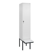 C+P Spind Classic PLUS, Bank, 1 Abteil, 2120x400x815mm, 9016/9016 Verschluss Sicherheits-Drehriegel 4 Garderobenhaken Trennwand mittig Dekor Banklatten RAL 9010 Reinweiß Sitzbanktyp auskragend