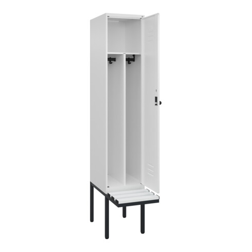 C+P Spind Classic PLUS, Bank, 1 Abteil, 2120x400x815mm, 9016/9016 Verschluss Sicherheits-Drehriegel 4 Garderobenhaken Trennwand mittig Dekor Banklatten RAL 9010 Reinweiß Sitzbanktyp auskragend