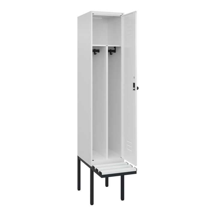 C+P Spind Classic PLUS, Bank, 1 Abteil, 2120x400x815mm, 9016/9016 Verschluss Sicherheits-Drehriegel 4 Garderobenhaken Trennwand mittig Dekor Banklatten RAL 9010 Reinweiß Sitzbanktyp auskragend