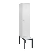 C+P Spind Classic PLUS, Bank, 1 Abteil, 2120x400x815mm, 9016/9016 Verschluss Sicherheits-Drehriegel 4 Garderobenhaken Trennwand mittig Dekor Banklatten RAL 9010 Reinweiß Sitzbanktyp untergebaut