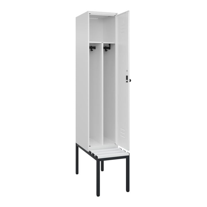 C+P Spind Classic PLUS, Bank, 1 Abteil, 2120x400x815mm, 9016/9016 Verschluss Sicherheits-Drehriegel 4 Garderobenhaken Trennwand mittig Dekor Banklatten RAL 9010 Reinweiß Sitzbanktyp untergebaut