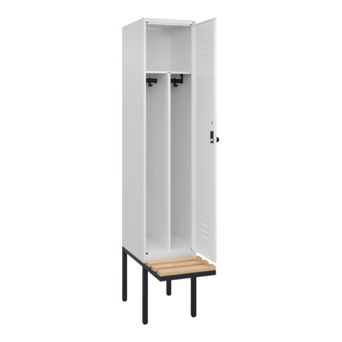 C+P Spind Classic PLUS, Bank, 1 Abteil, 2120x400x815mm, 9016/9016 Verschluss Sicherheits-Drehriegel 4 Garderobenhaken Trennwand mittig  Sitzbanktyp auskragend