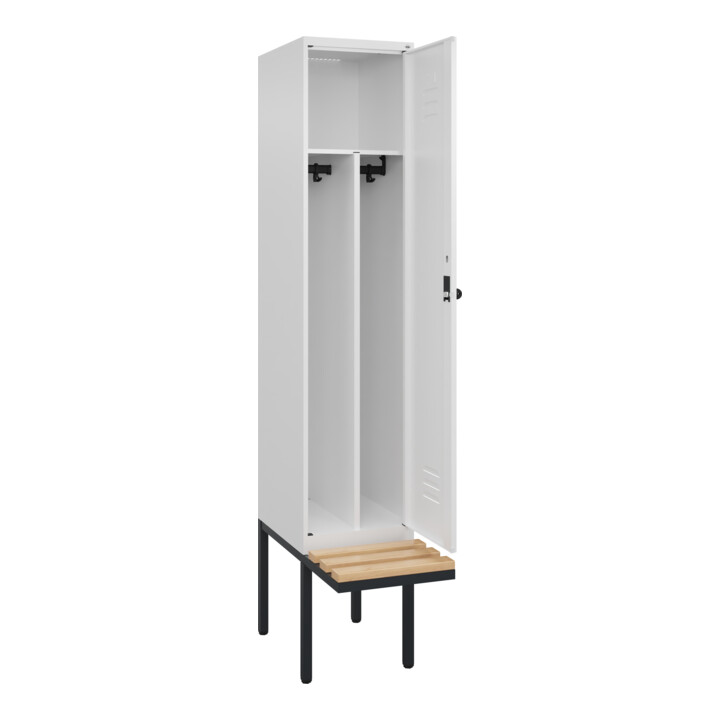 C+P Spind Classic PLUS, Bank, 1 Abteil, 2120x400x815mm, 9016/9016 Verschluss Sicherheits-Drehriegel 4 Garderobenhaken Trennwand mittig  Sitzbanktyp auskragend