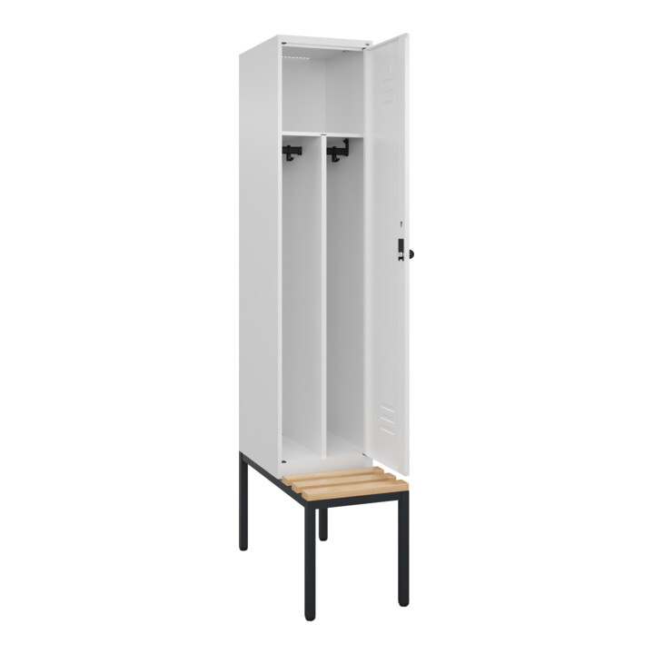 C+P Spind Classic PLUS, Bank, 1 Abteil, 2120x400x815mm, 9016/9016 Verschluss Sicherheits-Drehriegel 4 Garderobenhaken Trennwand mittig  Sitzbanktyp untergebaut