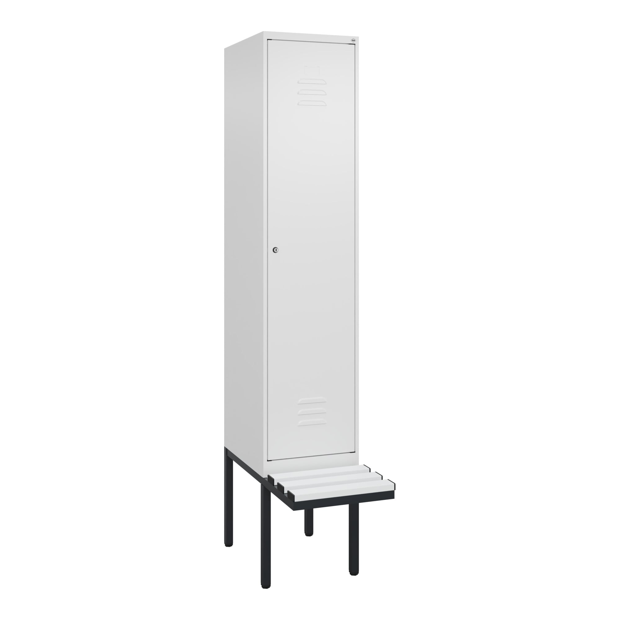C+P Spind Classic PLUS, Bank, 1 Abteil, 2120x400x815mm, 9016/9016 Verschluss Zylinderschloss 4 Garderobenhaken Dekor Banklatten RAL 9010 Reinweiß Sit