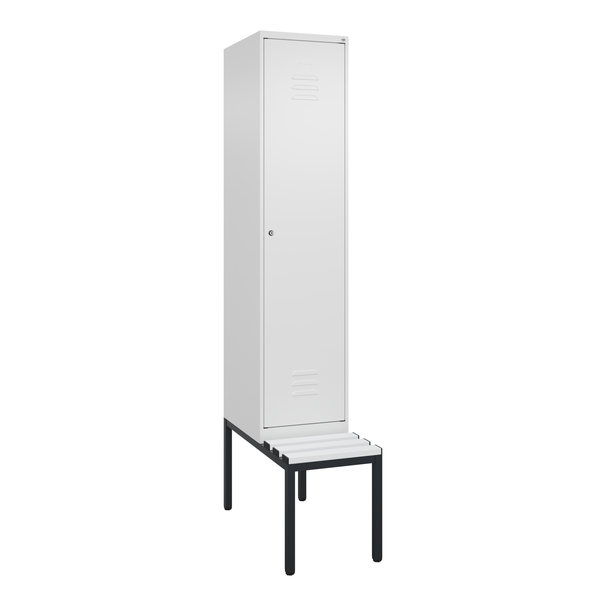 C+P Spind Classic PLUS, Bank, 1 Abteil, 2120x400x815mm, 9016/9016 Verschluss Zylinderschloss 4 Garderobenhaken Dekor Banklatten RAL 9010 Reinweiß Sit