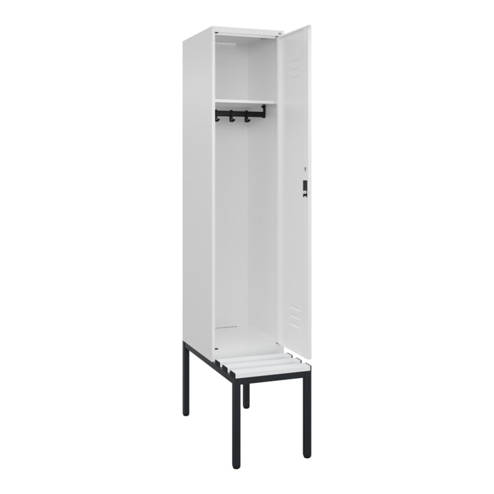 C+P Spind Classic PLUS, Bank, 1 Abteil, 2120x400x815mm, 9016/9016 Verschluss Zylinderschloss 4 Garderobenhaken  Dekor Banklatten RAL 9010 Reinweiß Sitzbanktyp untergebaut