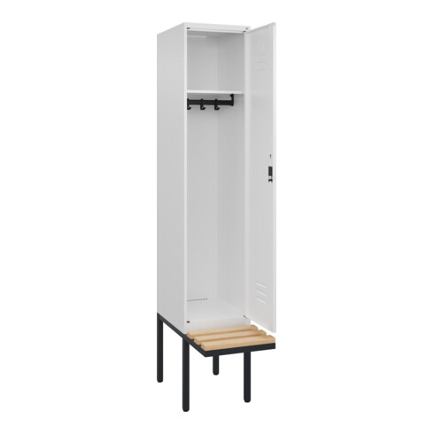 C+P Spind Classic PLUS, Bank, 1 Abteil, 2120x400x815mm, 9016/9016 Verschluss Zylinderschloss 4 Garderobenhaken   Sitzbanktyp auskragend
