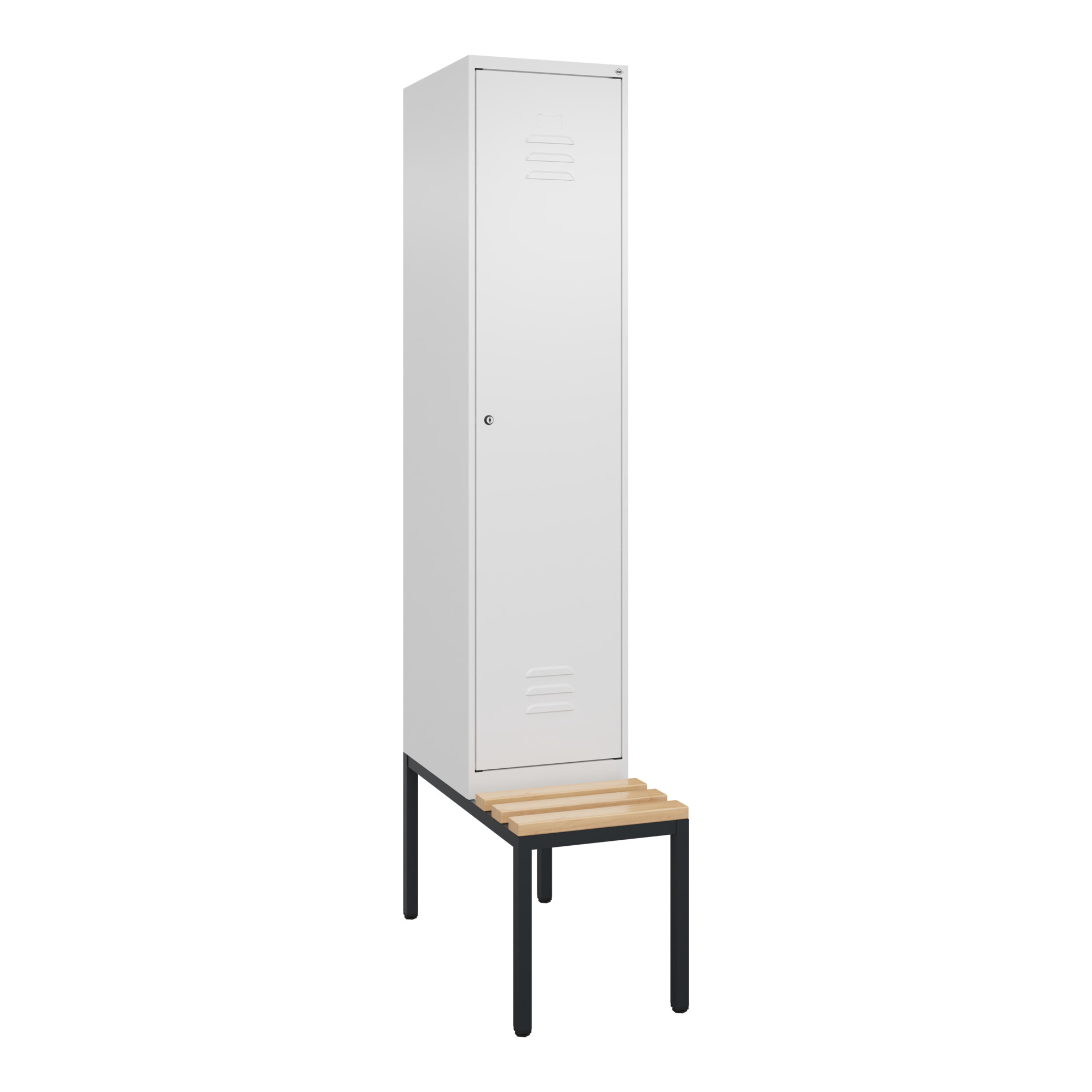 C+P Spind Classic PLUS, Bank, 1 Abteil, 2120x400x815mm, 9016/9016 Verschluss Zylinderschloss 4 Garderobenhaken Sitzbanktyp untergebaut ; C + P Möbel