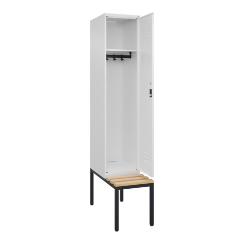 C+P Spind Classic PLUS, Bank, 1 Abteil, 2120x400x815mm, 9016/9016 Verschluss Zylinderschloss 4 Garderobenhaken   Sitzbanktyp untergebaut