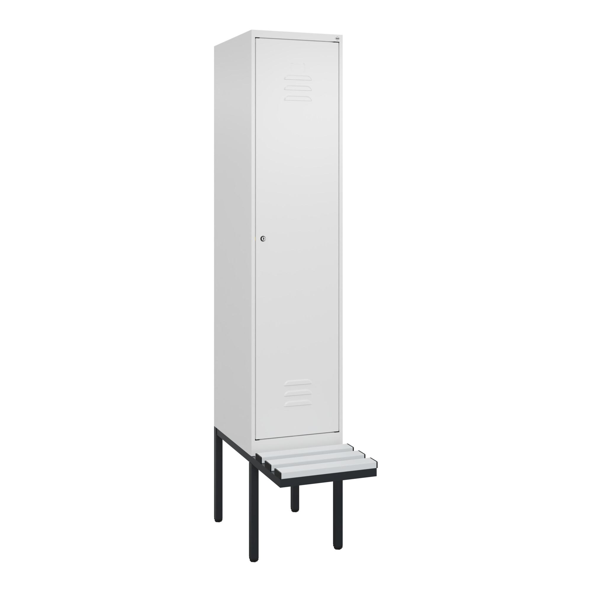 C+P Spind Classic PLUS, Bank, 1 Abteil, 2120x400x815mm, 9016/9016 Verschluss Zylinderschloss 4 Garderobenhaken Trennwand mittig Dekor Banklatten RAL 9