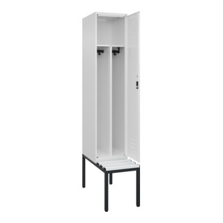 C+P Spind Classic PLUS, Bank, 1 Abteil, 2120x400x815mm, 9016/9016 Verschluss Zylinderschloss 4 Garderobenhaken Trennwand mittig Dekor Banklatten RAL 9010 Reinweiß Sitzbanktyp untergebaut