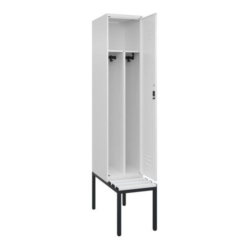 C+P Spind Classic PLUS, Bank, 1 Abteil, 2120x400x815mm, 9016/9016 Verschluss Zylinderschloss 4 Garderobenhaken Trennwand mittig Dekor Banklatten RAL 9010 Reinweiß Sitzbanktyp untergebaut